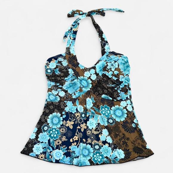 VTG Y2K IZ Byer California Dark Brown & Blue Floral Boho Backless Halter Top M - Picture 5 of 7